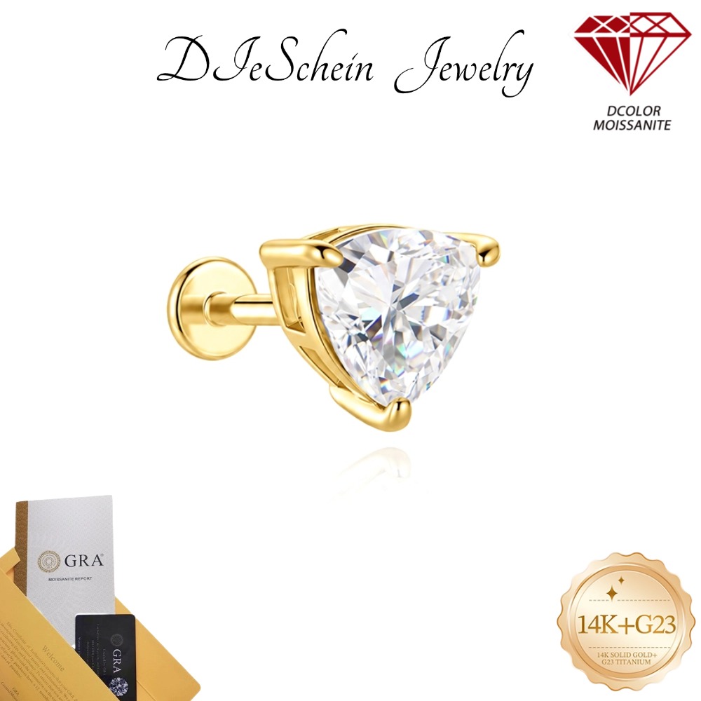 Tragus Flat Back - Anting Moissanite DIeSchein 14k Emas Murni